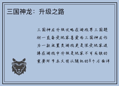三国神龙：升级之路